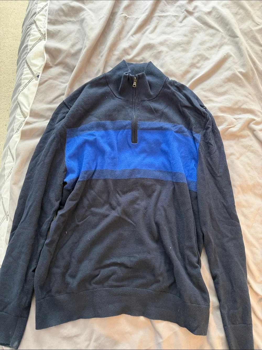 Banana Republic Men's Navy Zip Mock Neck Sweater with Royal Blue Chest Stripe
